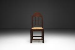 Set of Six Oak and Straw Dining Chairs with Geometric Backs Spain ca 1930s - 4569502