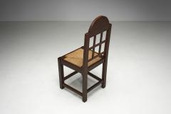 Set of Six Oak and Straw Dining Chairs with Geometric Backs Spain ca 1930s - 4569503