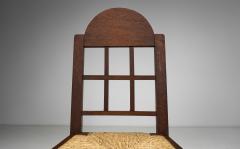 Set of Six Oak and Straw Dining Chairs with Geometric Backs Spain ca 1930s - 4569505