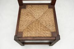 Set of Six Oak and Straw Dining Chairs with Geometric Backs Spain ca 1930s - 4569507