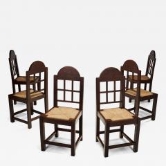 Set of Six Oak and Straw Dining Chairs with Geometric Backs Spain ca 1930s - 4570216