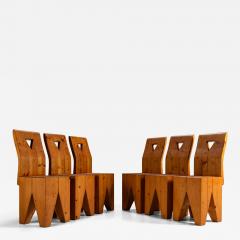 Set of Six Vintage Brutalist Pinewood Chairs 1970s - 4320222