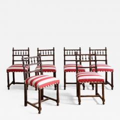 Set of Six Wooden Chairs with Striped Seats Mid 20th Century - 4760157