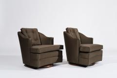 Set of Swivel Lounge Chairs in Olive Green Silk C 1950s - 3490396