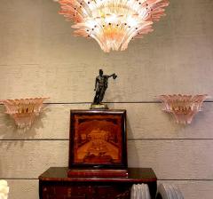 Set of Three Brass Mounted Pink Palmette Sconces and 1 Chandelier - 3904445