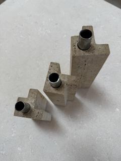 Set of Three Travertine and Chrome Candleholders by C L A M Italy 1970s - 4453906