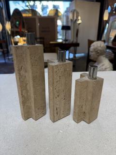 Set of Three Travertine and Chrome Candleholders by C L A M Italy 1970s - 4453908
