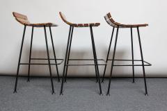 Set of Three Vintage Modernist Maple and Wrought Iron Bar Stools - 2547615