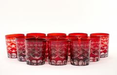 Set of Twelve 12 Antique Ruby Red Cut to Clear Rocks Glasses - 3177188
