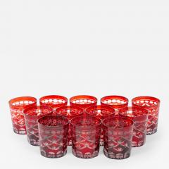 Set of Twelve 12 Antique Ruby Red Cut to Clear Rocks Glasses - 3178544