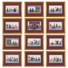 Set of Twelve Chinese Pith Paper Paintings of Court Scenes - 4714992