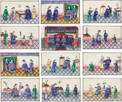 Set of Twelve Chinese Pith Paper Paintings of Court Scenes - 4716661