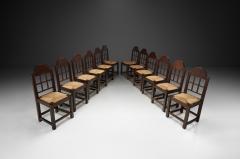 Set of Twelve Oak and Straw Dining Chairs with Geometric Backs Spain ca 1930s - 4477173