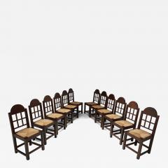 Set of Twelve Oak and Straw Dining Chairs with Geometric Backs Spain ca 1930s - 4483550