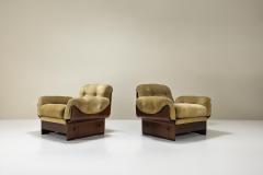 Set of Two Bulky Lounge Chairs in Wood and Velvet Upholstery Italy 1970s - 3966667