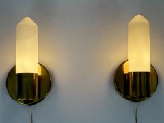 Set of Two Elegant Bauhaus Brass Opaline Glass Sconces Germany 1950s - 4547835