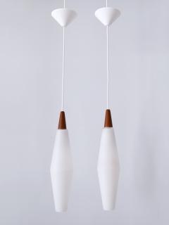 Set of Two Elegant Scandinavian Opaline Glass Teak Pendant Lamps 1960s - 3328938