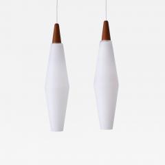 Set of Two Elegant Scandinavian Opaline Glass Teak Pendant Lamps 1960s - 3333627