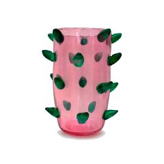 Set of Two Pink and Green Murano Glass Art Deco Vases with Applied Spikes 80s - 4747581