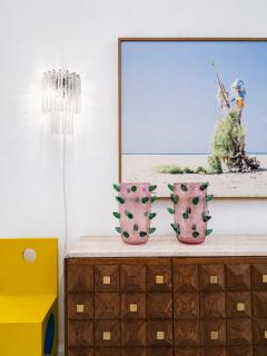 Set of Two Pink and Green Murano Glass Art Deco Vases with Applied Spikes 80s - 4747623