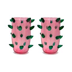 Set of Two Pink and Green Murano Glass Art Deco Vases with Applied Spikes 80s - 4747649