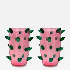 Set of Two Pink and Green Murano Glass Art Deco Vases with Applied Spikes 80s - 4747650