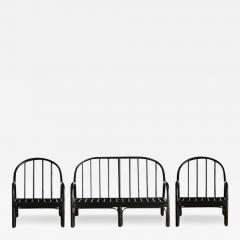 Set of bench and 2 armchairs in black lacquered rush with leather bindings - 3463624