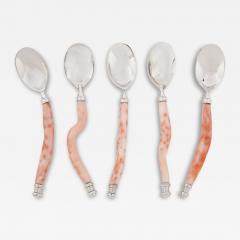 Set of five red coral and silver spoons - 3973221