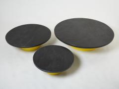 Set of three large round coffee tables yellow lacquer slate tops 1970s - 2606629