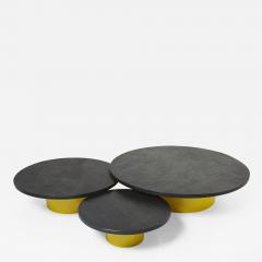 Set of three large round coffee tables yellow lacquer slate tops 1970s - 2609405