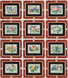 Set of twelve antique Chinese pith paintings with flowers and butterflies - 4053980