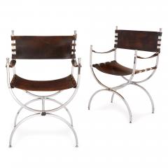 Set of two Mid Century Modern silvered and leather chairs - 1469622