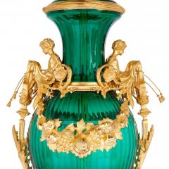 Set of two large green glass gilt bronze mounted vases - 3268973