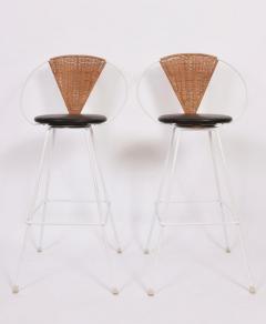 Shaver Howard Pair of Arthur Umanoff for Shaver Howard Iron Rattan Black Leather Bar Stools - 1603765