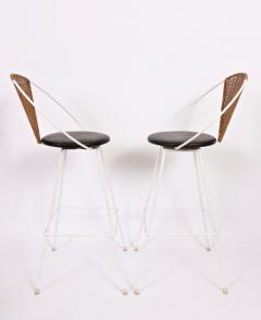 Shaver Howard Pair of Arthur Umanoff for Shaver Howard Iron Rattan Black Leather Bar Stools - 1603766