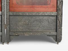 Shibayama Art Meiji Era Ebonized Wood Lacquer Two Panel Screen Japan 1890s - 4103190