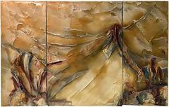 Signed Modernist Abstract Lacquer Design Triptych Paintings - 413455