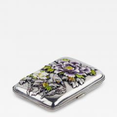 Silver Cigarette Case With Enamel Decor Of Peonies And A Bird Japan - 4792194