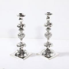 Silver Plate Shabbos Candle Holders W Stylized Floral Repouse by B Henneberg - 3925903