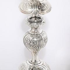 Silver Plate Shabbos Candle Holders W Stylized Floral Repouse by B Henneberg - 3925906