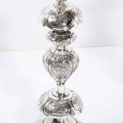 Silver Plate Shabbos Candle Holders W Stylized Floral Repouse by B Henneberg - 3925953