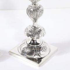 Silver Plate Shabbos Candle Holders W Stylized Floral Repouse by B Henneberg - 3925956