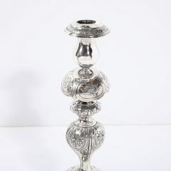 Silver Plate Shabbos Candle Holders W Stylized Floral Repouse by B Henneberg - 3925960