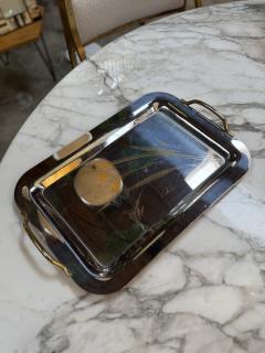 Silver Plated Serving Tray with Golden Floral Etching - 4372890