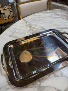 Silver Plated Serving Tray with Golden Floral Etching - 4372891