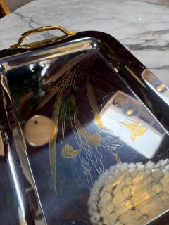 Silver Plated Serving Tray with Golden Floral Etching - 4372893
