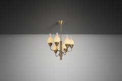 Six Arm Brass and Opal Glass Chandelier Sweden ca 1950s - 4022027