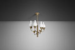 Six Arm Brass and Opal Glass Chandelier Sweden ca 1950s - 4022028