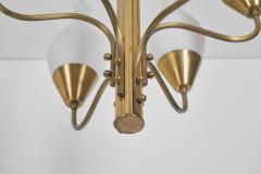 Six Arm Brass and Opal Glass Chandelier Sweden ca 1950s - 4022034