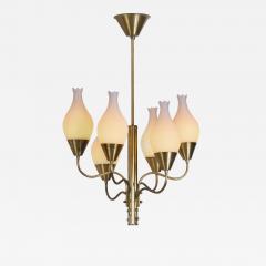Six Arm Brass and Opal Glass Chandelier Sweden ca 1950s - 4023414